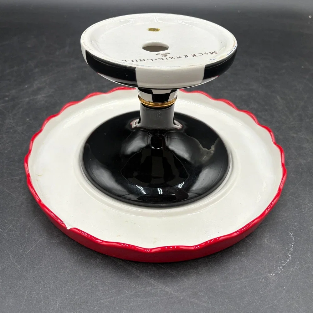 MacKenzie-Childs Cardinal Floral Cake Stand Courtly Check Base Red White Black